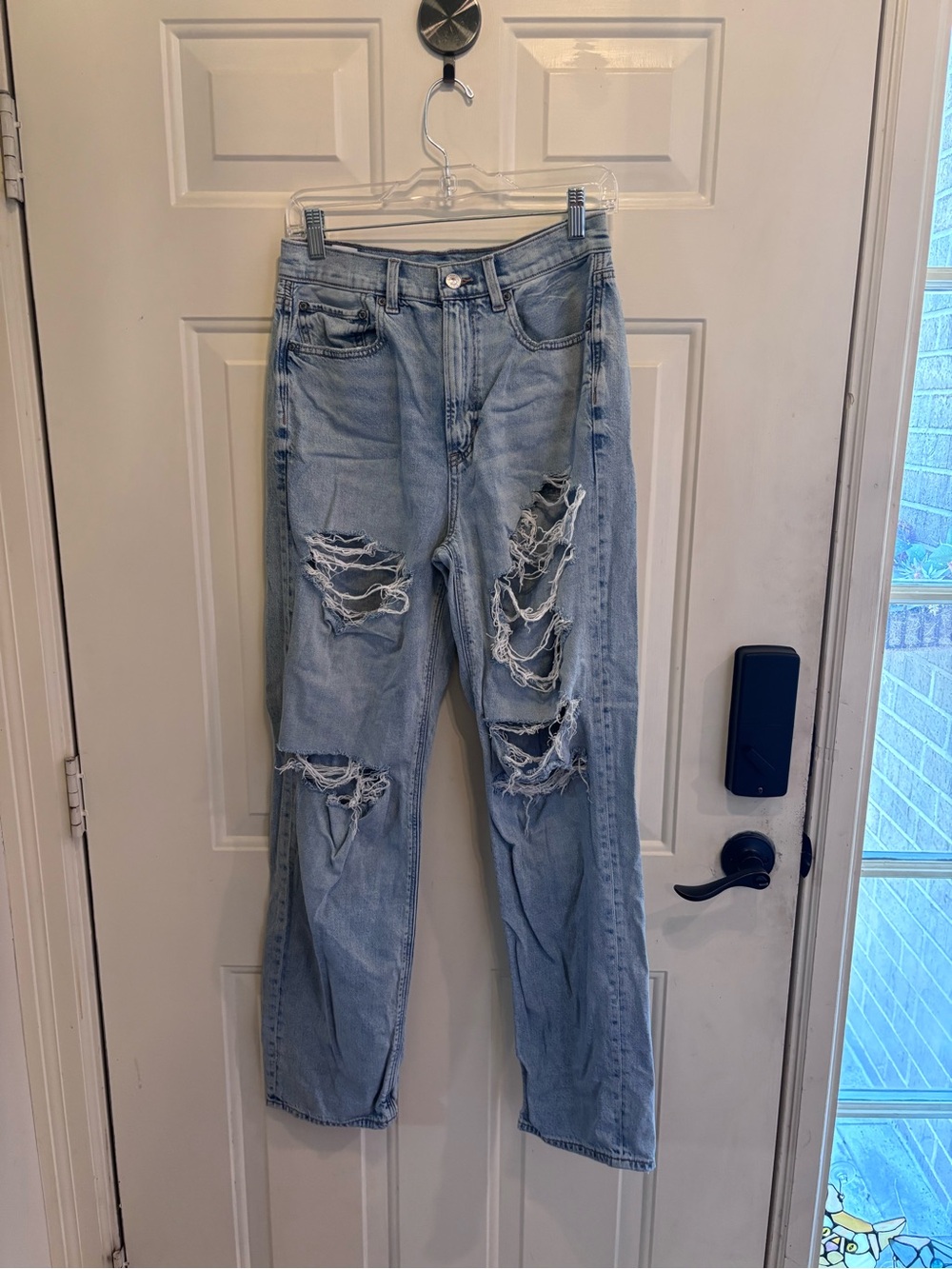 American Eagle Outfitters Light Blue Distressed Wide-Leg Jeans - Picture 2 of 6
